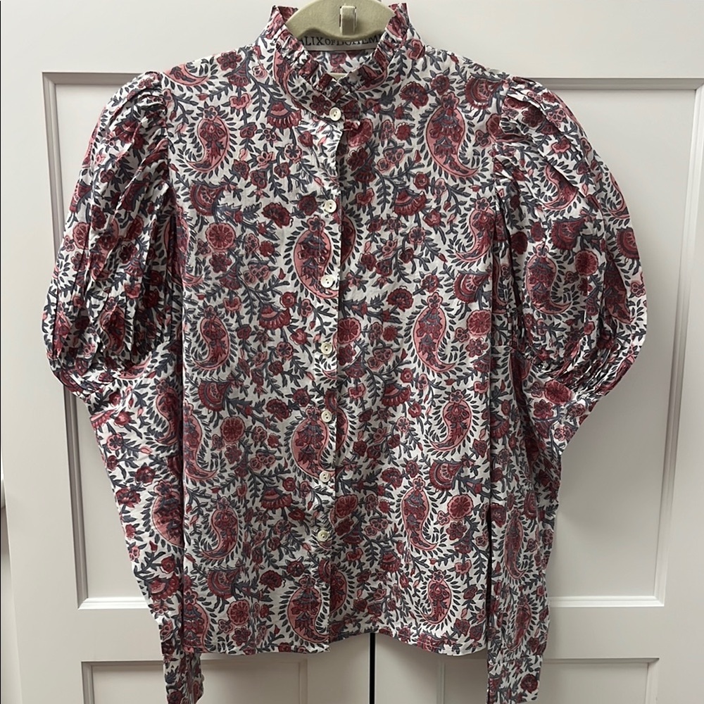 Alix Of Bohemia Red and White Puff Sleeve Blouse with Ruffled Mandarin Collar